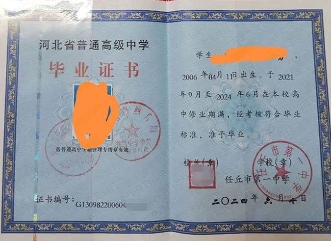 安定任丘市第一中学高中毕业证样本图片